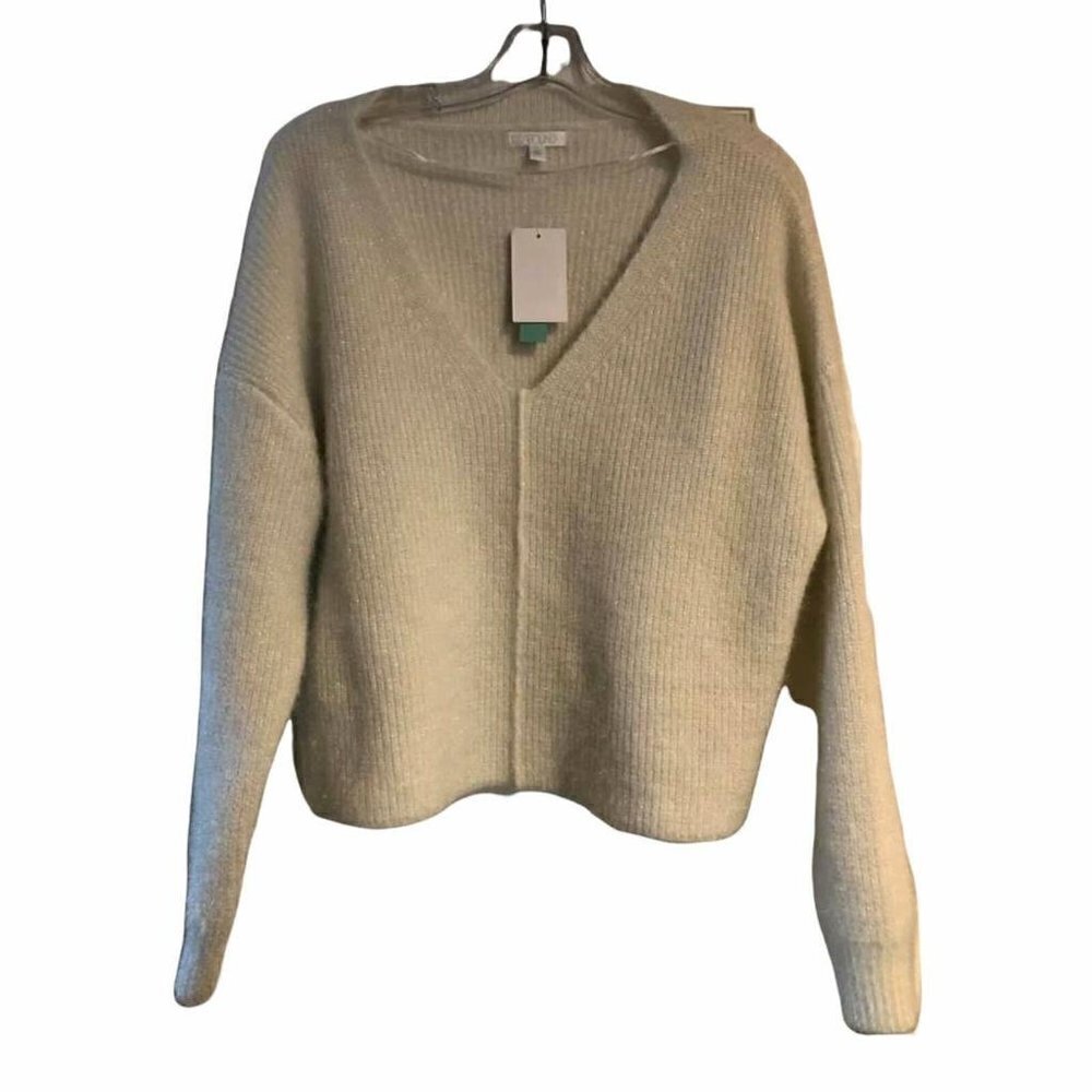Abound Ivory Fuzzy w/ Sparkle Cropped Sweater Front Seam V-neck XL NWT #4150-3